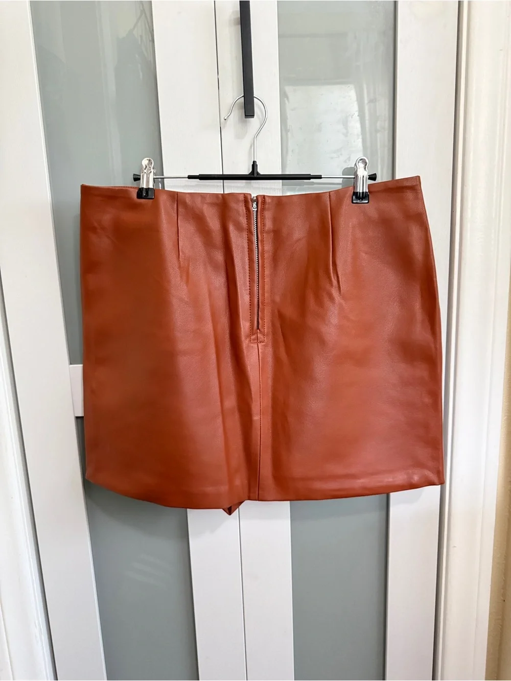 Burnt Orange Rust Brown High-Rise Faux Leather Asymmetrical Fall Mini Skirt